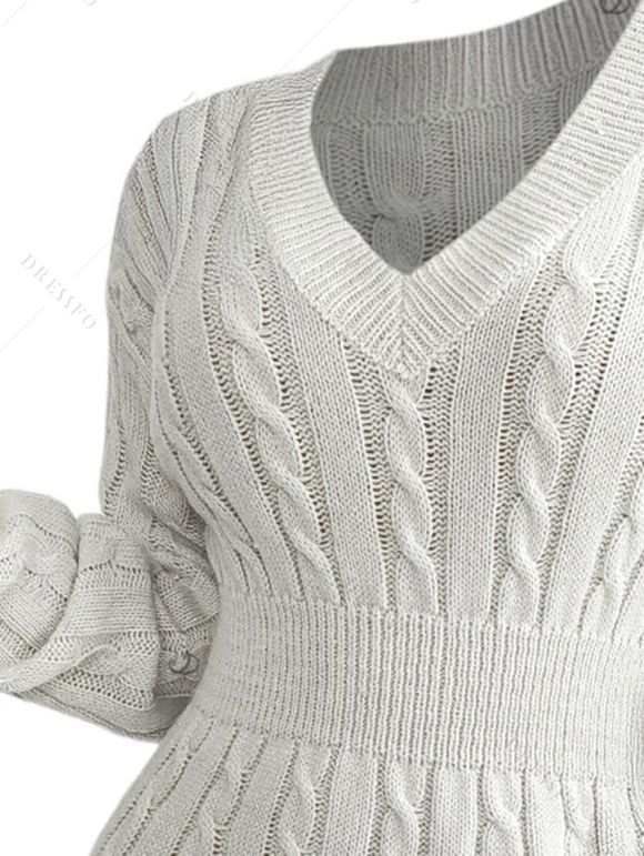 Mini Robe en Tricot à Câble en Couleur Unie à Goutte Epaule à Taille Plissée - Blanc L | US 8