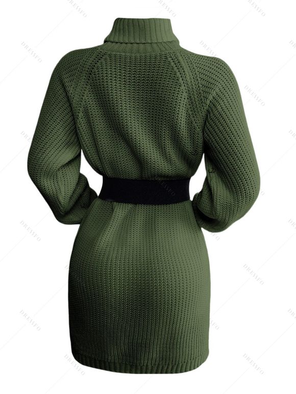 Mini Robe Pull Droite Boutonnée en Couleur Unie à Manches Raglan à Col Roulé - Vert profond L | US 8