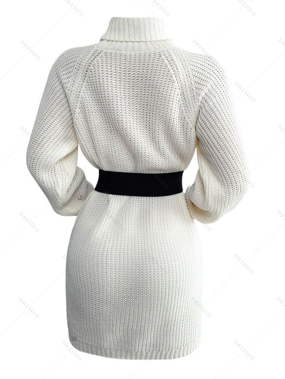 Mini Robe Pull Droite Boutonnée en Couleur Unie à Manches Raglan à Col Roulé - Blanc S | US 4