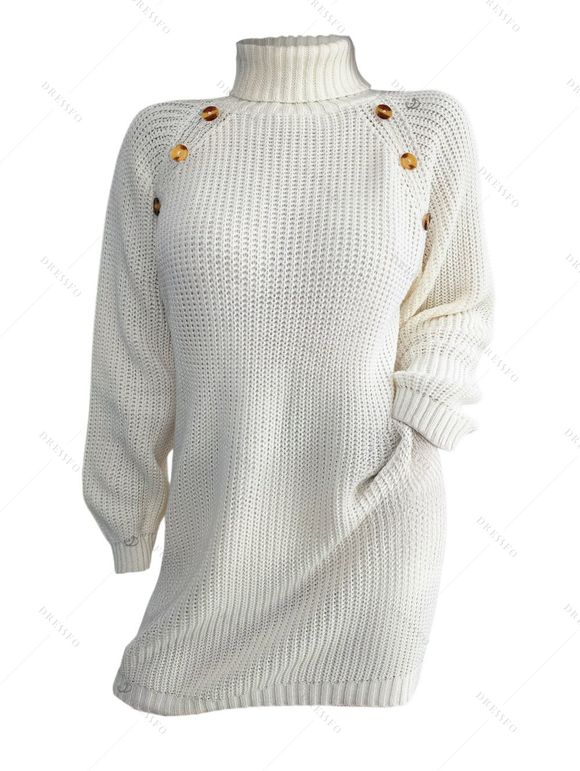 Mini Robe Pull Droite Boutonnée en Couleur Unie à Manches Raglan à Col Roulé - Blanc S | US 4