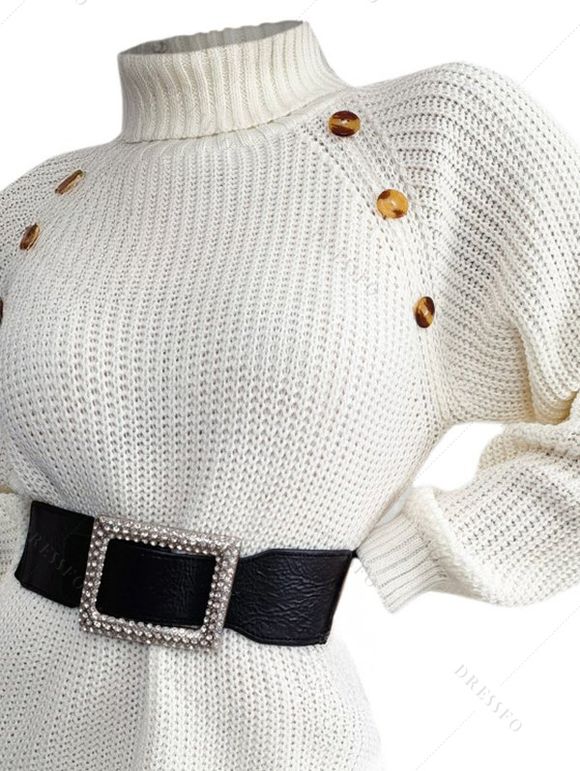 Mini Robe Pull Droite Boutonnée en Couleur Unie à Manches Raglan à Col Roulé - Blanc S | US 4