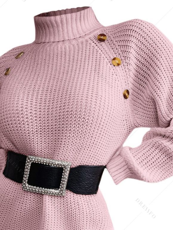 Mini Robe Pull Droite Boutonnée en Couleur Unie à Manches Raglan à Col Roulé - Rose clair M | US 6