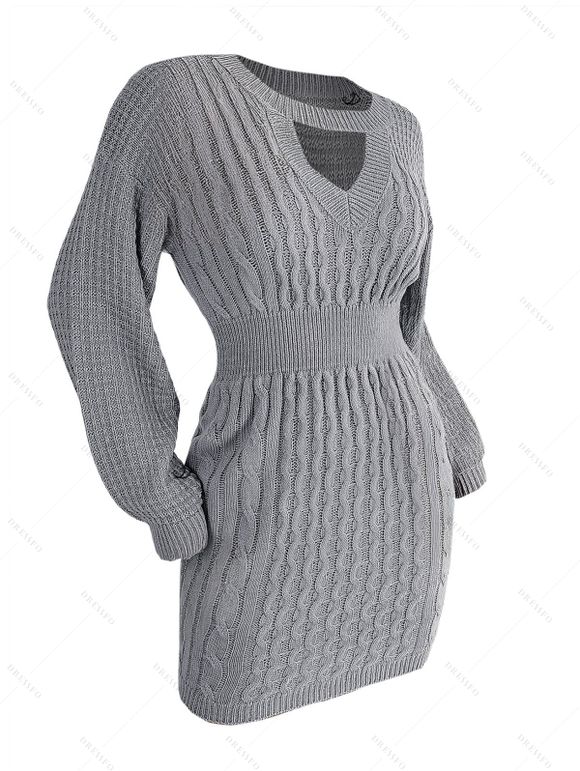 Mini Robe en Tricot à Câble Découpée Goutte Epaule à Manches Lanternes - Gris Clair L | US 8