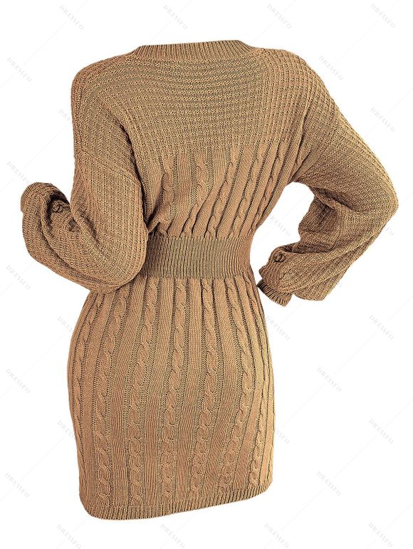 Mini Robe en Tricot à Câble Découpée Goutte Epaule à Manches Lanternes - café S | US 4