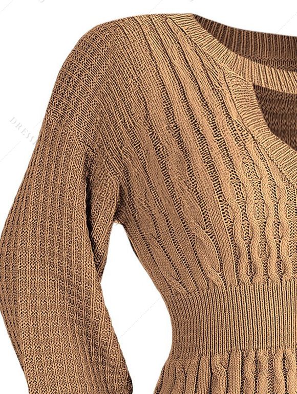 Mini Robe en Tricot à Câble Découpée Goutte Epaule à Manches Lanternes - café S | US 4