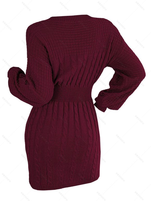 Mini Robe en Tricot à Câble Découpée Goutte Epaule à Manches Lanternes - Rouge foncé L | US 8