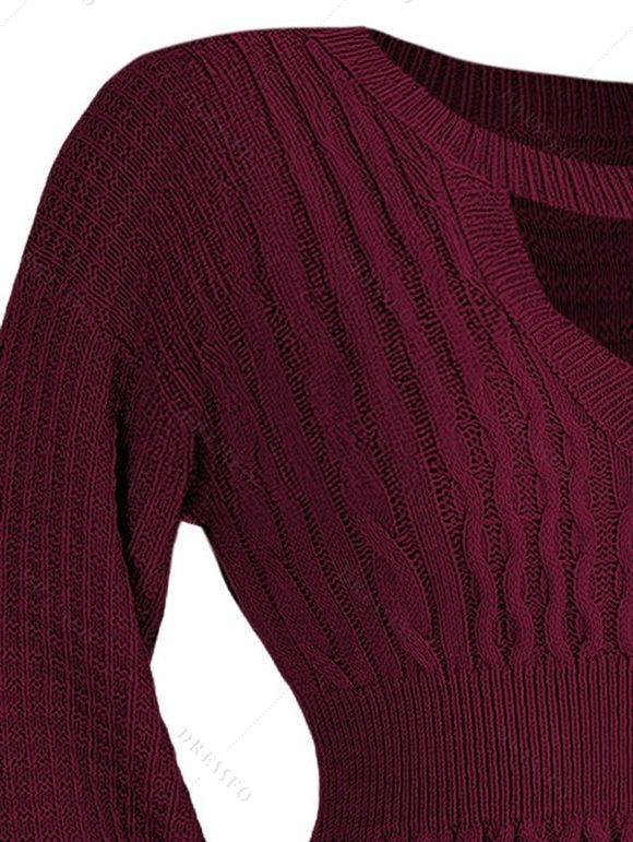 Mini Robe en Tricot à Câble Découpée Goutte Epaule à Manches Lanternes - Rouge foncé L | US 8