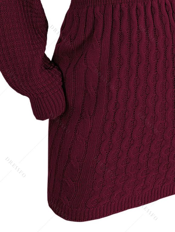 Mini Robe en Tricot à Câble Découpée Goutte Epaule à Manches Lanternes - Rouge foncé L | US 8