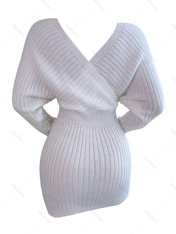 Mini Robe Pull Moulante Superposée en Couleur Unie Manches Chauve-souris à Col Plongeant - Blanc S | US 4