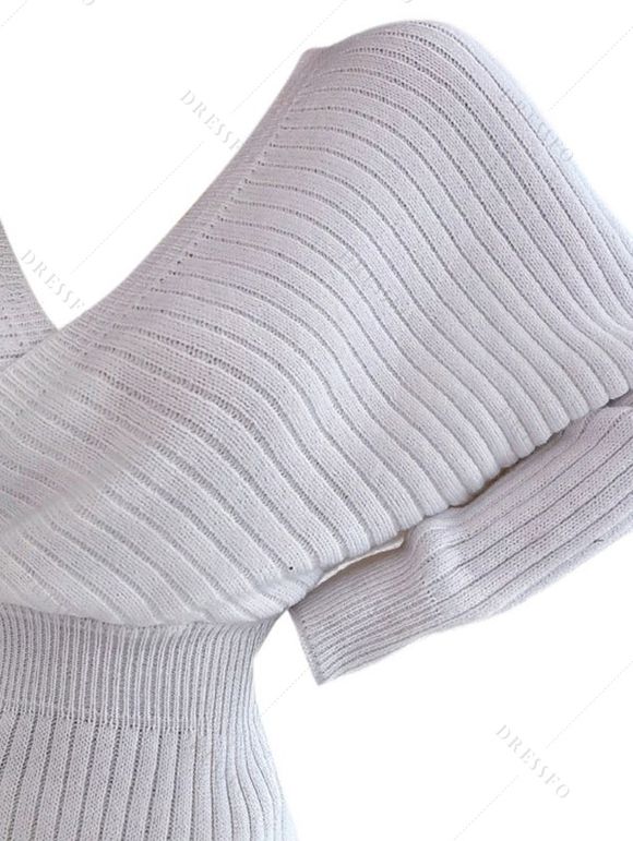 Mini Robe Pull Moulante Superposée en Couleur Unie Manches Chauve-souris à Col Plongeant - Blanc S | US 4