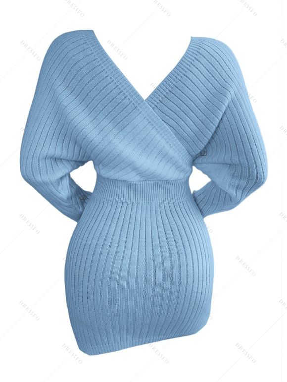 Mini Robe Pull Moulante Superposée en Couleur Unie Manches Chauve-souris à Col Plongeant - Bleu clair S | US 4
