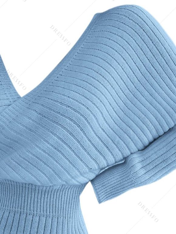 Mini Robe Pull Moulante Superposée en Couleur Unie Manches Chauve-souris à Col Plongeant - Bleu clair S | US 4