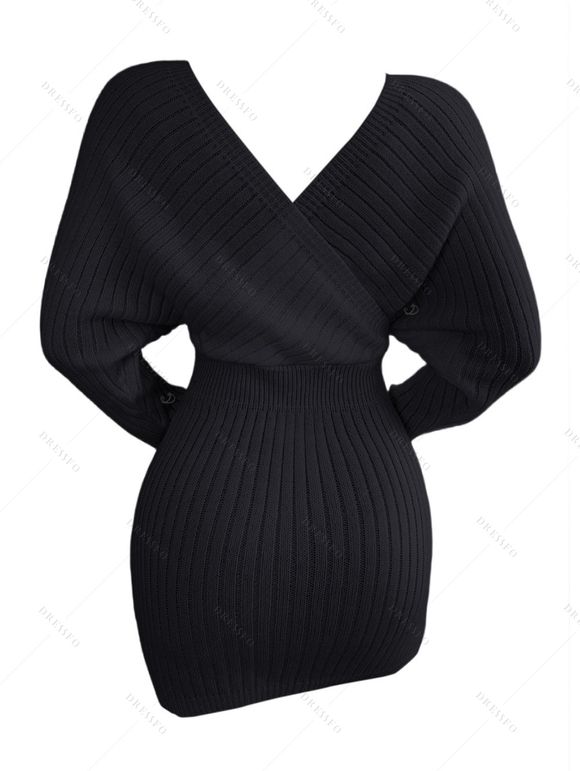 Mini Robe Pull Moulante Superposée en Couleur Unie Manches Chauve-souris à Col Plongeant - Noir L | US 8