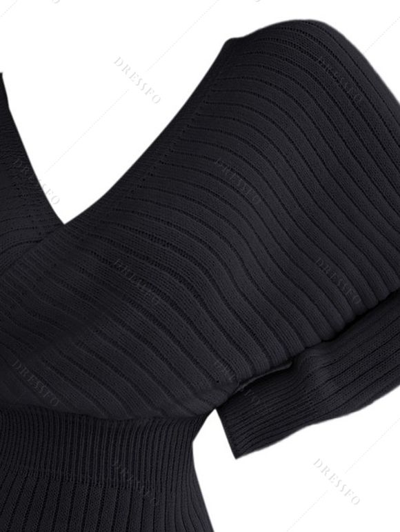 Mini Robe Pull Moulante Superposée en Couleur Unie Manches Chauve-souris à Col Plongeant - Noir L | US 8