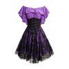 Mesh Overlay Ruffles Short Sleeve Lace-Up Dress Corset Belt Layered Square Neck Mini Dress