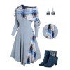 Plaid Print Mock Button Ribbed Cinched A Line Dress And Rhinestone Ankle Boots Life Tree Earrings Outfit - Bleu gris S | US 4