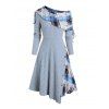 Plaid Print Mock Button Ribbed Cinched A Line Dress And Rhinestone Ankle Boots Life Tree Earrings Outfit - Bleu gris S | US 4