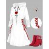 Valentine's Day Rose Print Hooded Mini Dress And Rhinestones Ankle Boots Heart Rose Chain Necklace Outfit - Rouge S | US 4