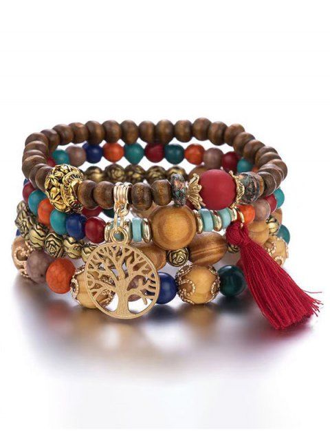 Bracelet à Plusieurs Branches avec Franges en Métal et Arbre de Vie Style Bohémien