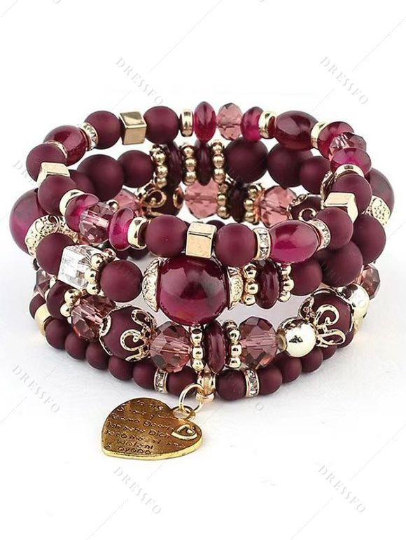 Bracelet Pendant Cœur Bohémien Multi-Couches en Métal - Rouge foncé 