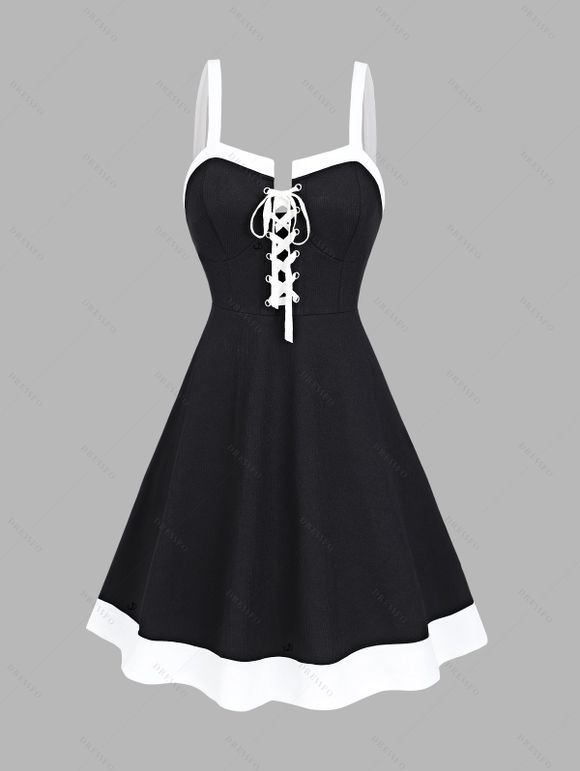 Mini Robe Vintage Contrastée sans Manches à Taille Haute à Lacets - Noir XL | US 12