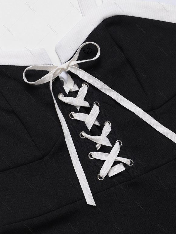 Mini Robe Vintage Contrastée sans Manches à Taille Haute à Lacets - Noir XL | US 12