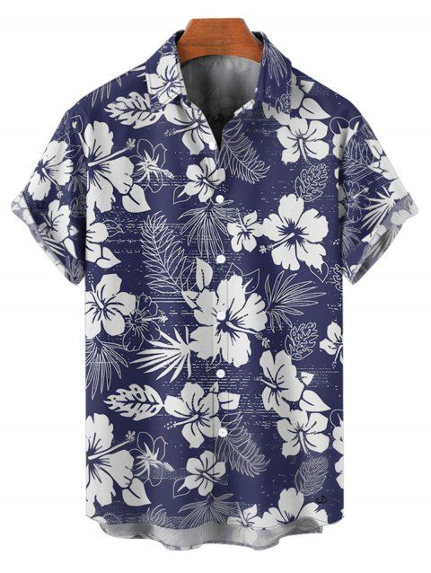 Chemise de Vacances Boutonnée Feuille Tropicale Imprimée à Manches Courtes