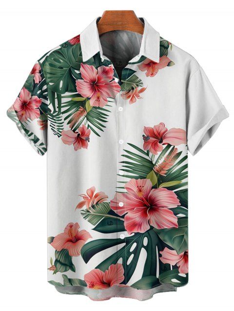 Chemise de Vacances Fleur et Feuille Tropicale Imprimées à Manches Courtes