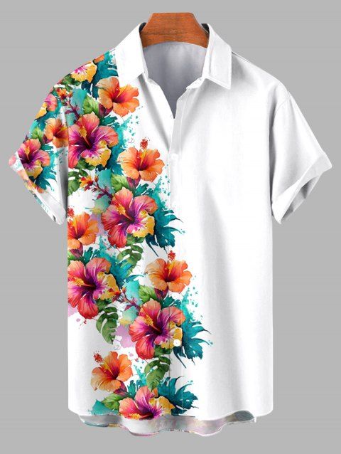 Chemise de Vacances Fleur et Demi-Bouton Manches Courtes à Col Relevé