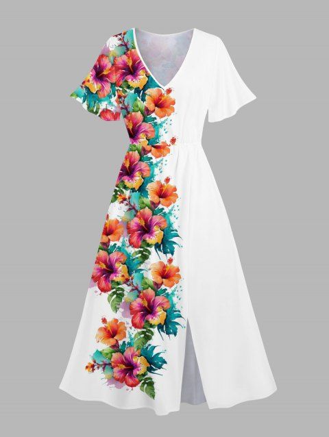 Hawaii Flower Half And Half Print Vacation Dress V Neck Flutter Sleeve Midi Dress
