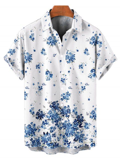 Chemise de Vacances Boutonnée Fleurie Imprimée Manches Courtes à Col Relevé