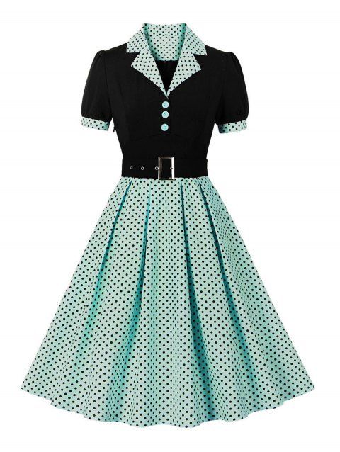 Mini Robe Vintage Ceinturée à Pois Imprimé Manches Courtes à Col Revers
