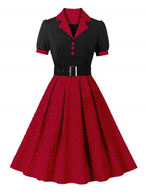 Polka Dots Print Belted Vintage Dress Short Sleeve Lapel Collar Mock Button Mini Dress