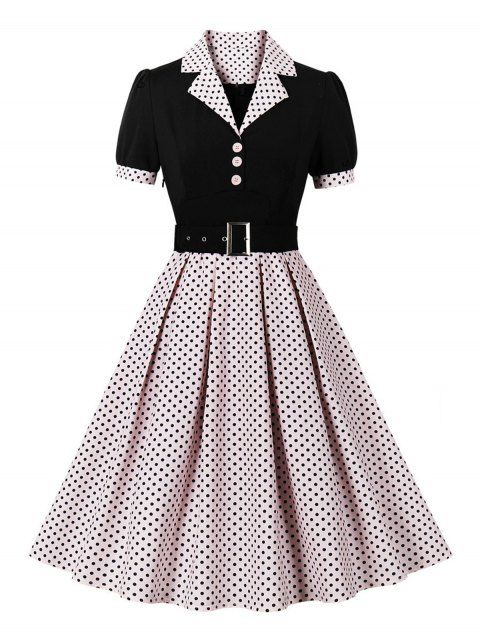 Polka Dots Print Belted Vintage Dress Short Sleeve Lapel Collar Mock Button Mini Dress