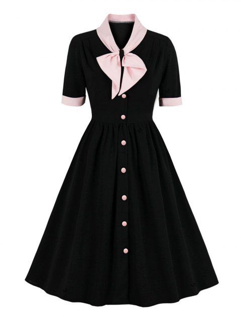 Contrast Color Bow Tie Collar Vintage Dress Button Up Short Sleeve Mini Dress