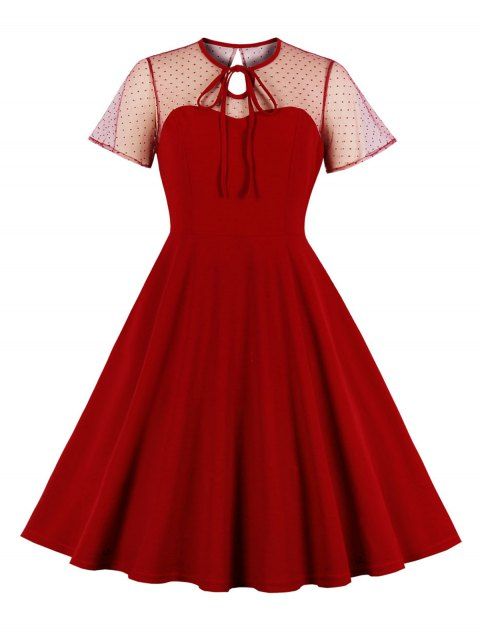Sheer Polka Dots Mesh Panel Vintage Dress Bowknot Short Sleeve Cut Out A Line Dress