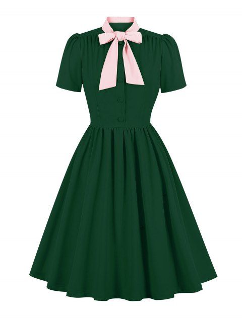 Vintage Bowknot Collar Vintage Dress Short Sleeve Button Up Ruched Mini Dress