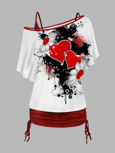 Ensemble de Camisole Peinture Eclaboussée Cœur Fleur Imprimée à Col Oblique Deux Pièces pour Saint-Valentin