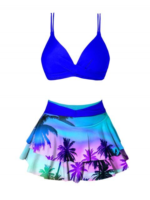 Ombre Tropical Print Crossover Layered Skirtini Bikini Two Piece Swimsuit