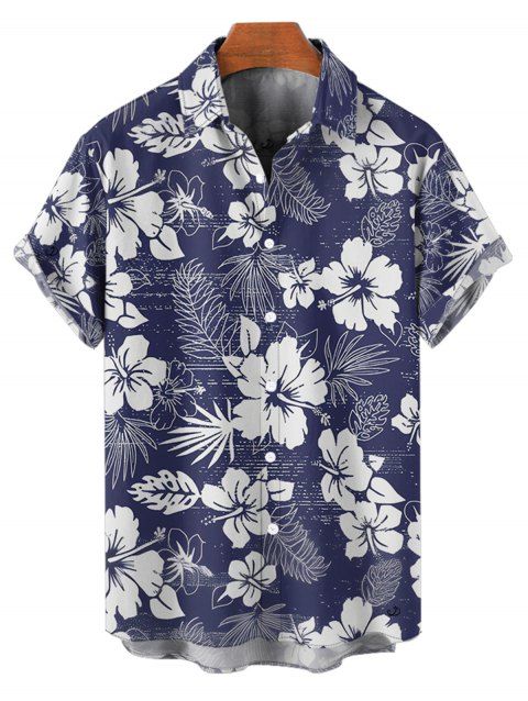 Chemise de Vacances Boutonnée Motif de Cocotier Fleurie à Manches Courtes