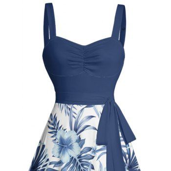 Vacation Tropical Flower Leaf Print Belted Mini Dress 