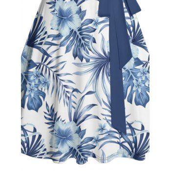 Vacation Tropical Flower Leaf Print Belted Mini Dress 