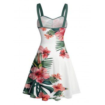 Vacation Tropical Flower Print Belted Mini Dress And Short Sleeve Shirt Matching Outfit