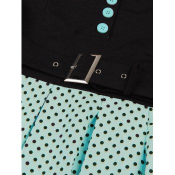 Polka Dots Print Belted Vintage Dress Short Sleeve Lapel Collar Mock Button Mini Dress 