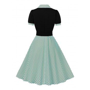 Polka Dots Print Belted Vintage Dress Short Sleeve Lapel Collar Mock Button Mini Dress 