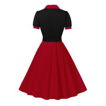 Polka Dots Print Belted Vintage Dress Short Sleeve Lapel Collar Mock Button Mini Dress 