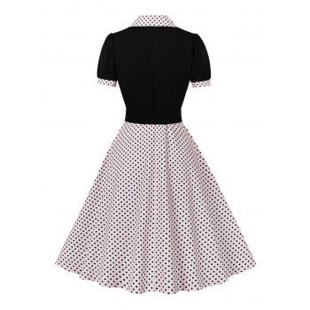 Polka Dots Print Belted Vintage Dress Short Sleeve Lapel Collar Mock Button Mini Dress 