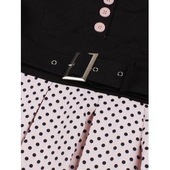 Polka Dots Print Belted Vintage Dress Short Sleeve Lapel Collar Mock Button Mini Dress 