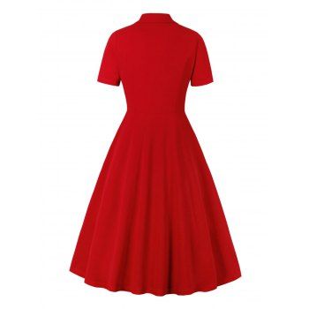Vintage Double Beasted Lapel Collar Short Sleeve Swing Hem Dress 