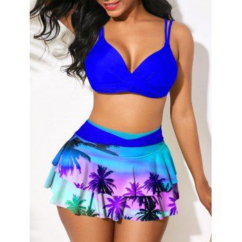 Ombre Tropical Print Crossover Layered Skirtini Bikini Two Piece Swimsuit 
